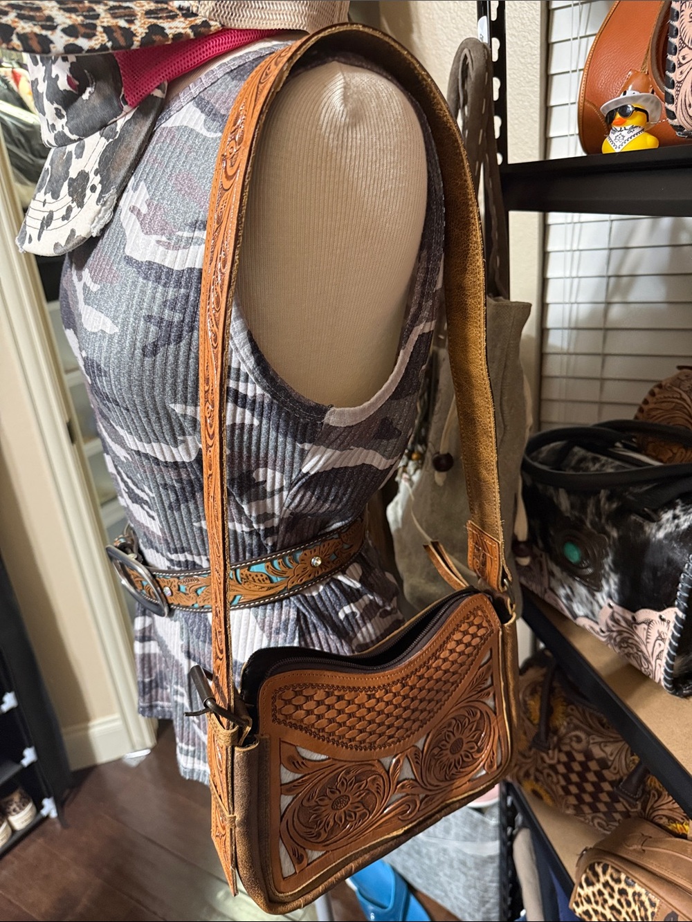 Tooled Leather Cowhide Shoulder Bag in Tan Distressed Leather